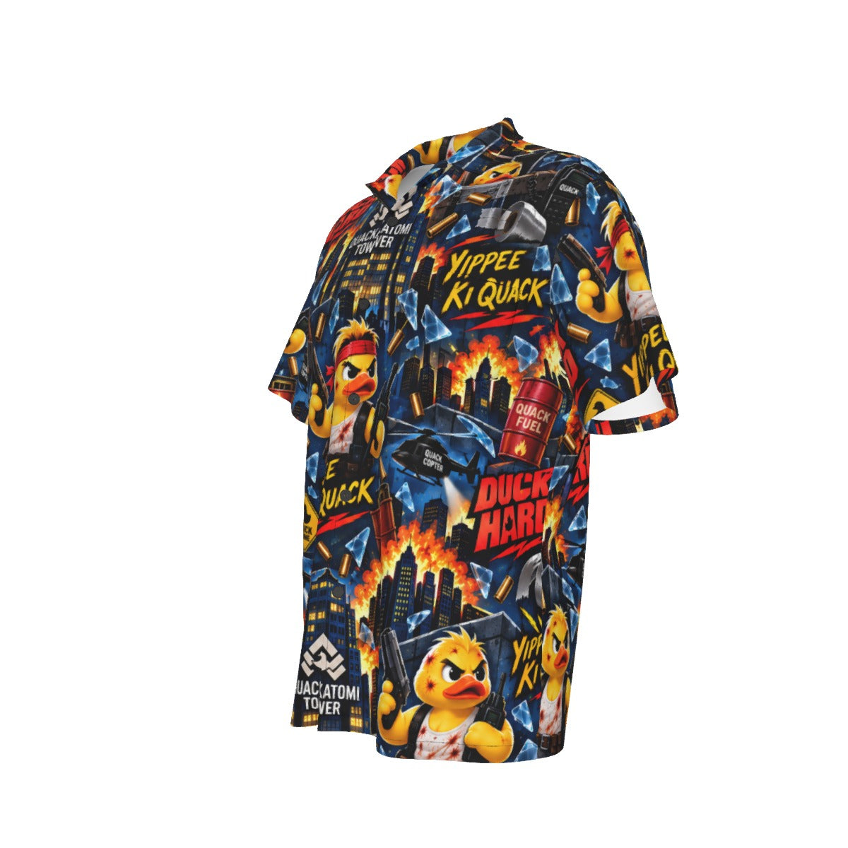 Duck Hard men's Hawaiian shirt with pocket featuring a action movie rubber duck print