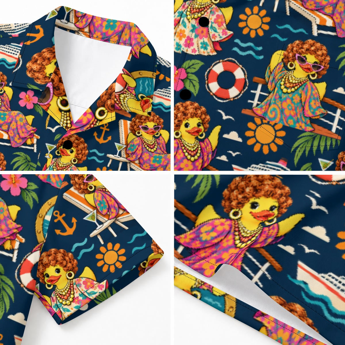 Mrs. Roper Sets Sail men's Hawaiian shirt with pocket featuring a bold retro cruise rubber duck print
