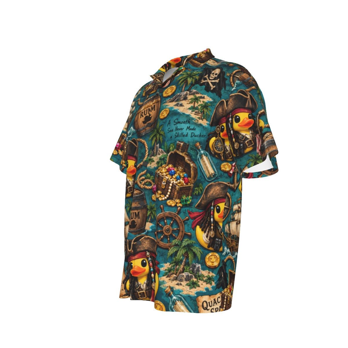 Quack Sparrow men's Hawaiian shirt with pocket featuring a pirate rubber duck print
