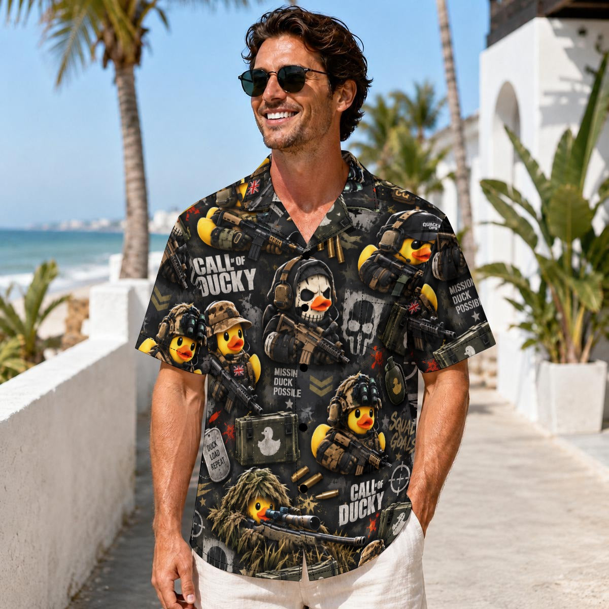 Call of Ducky men's Hawaiian shirt with pocket featuring a tactical gamer rubber duck print