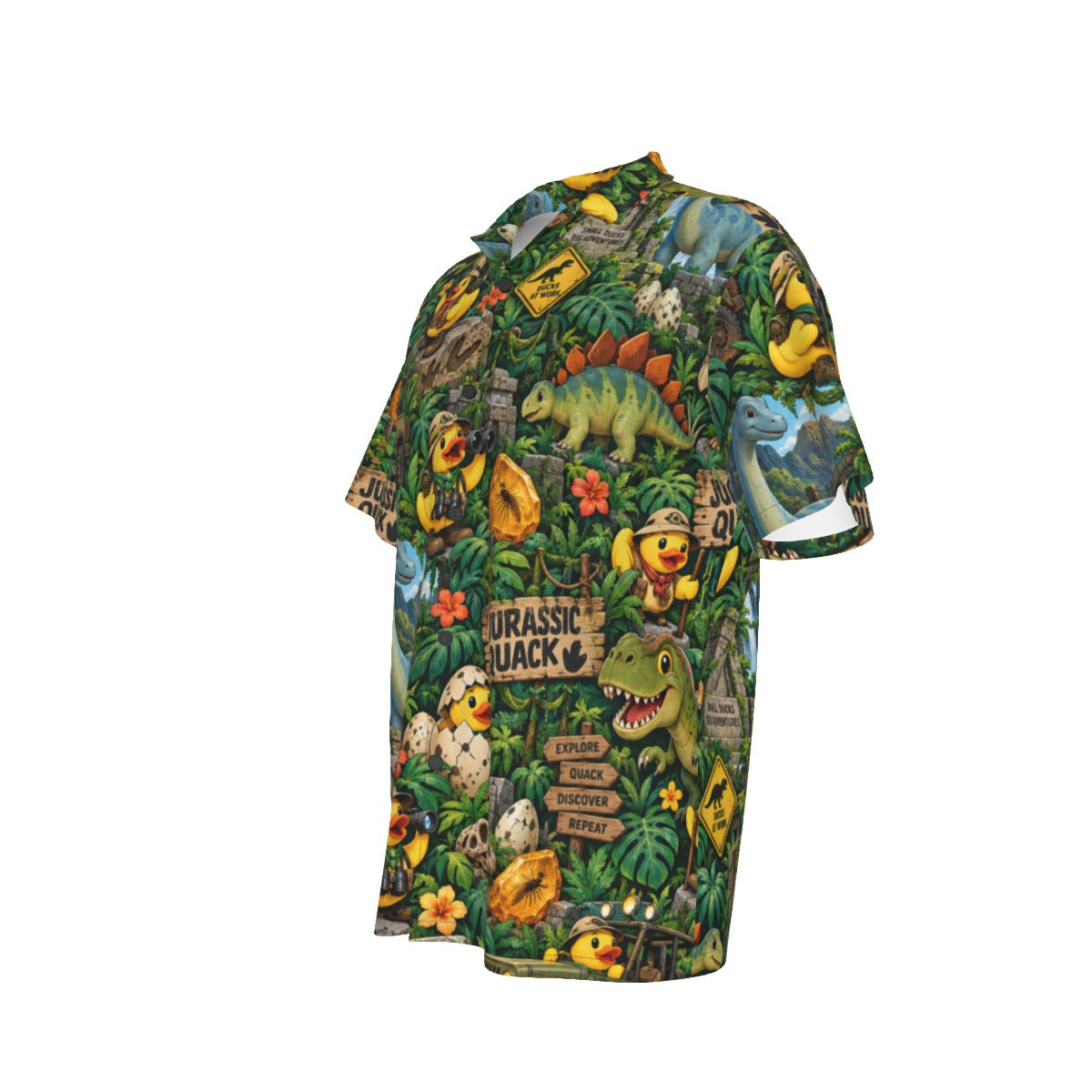 Jurassic Quack men's Hawaiian shirt with pocket featuring a dinosaur rubber duck print