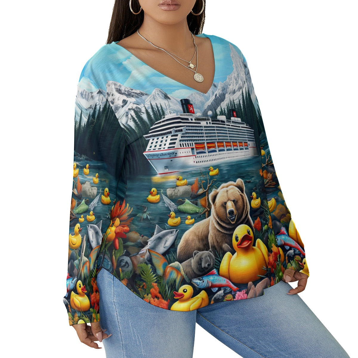 Alaska Adventure Women's V-neck T-shirt With Curved Hem(Plus Size)