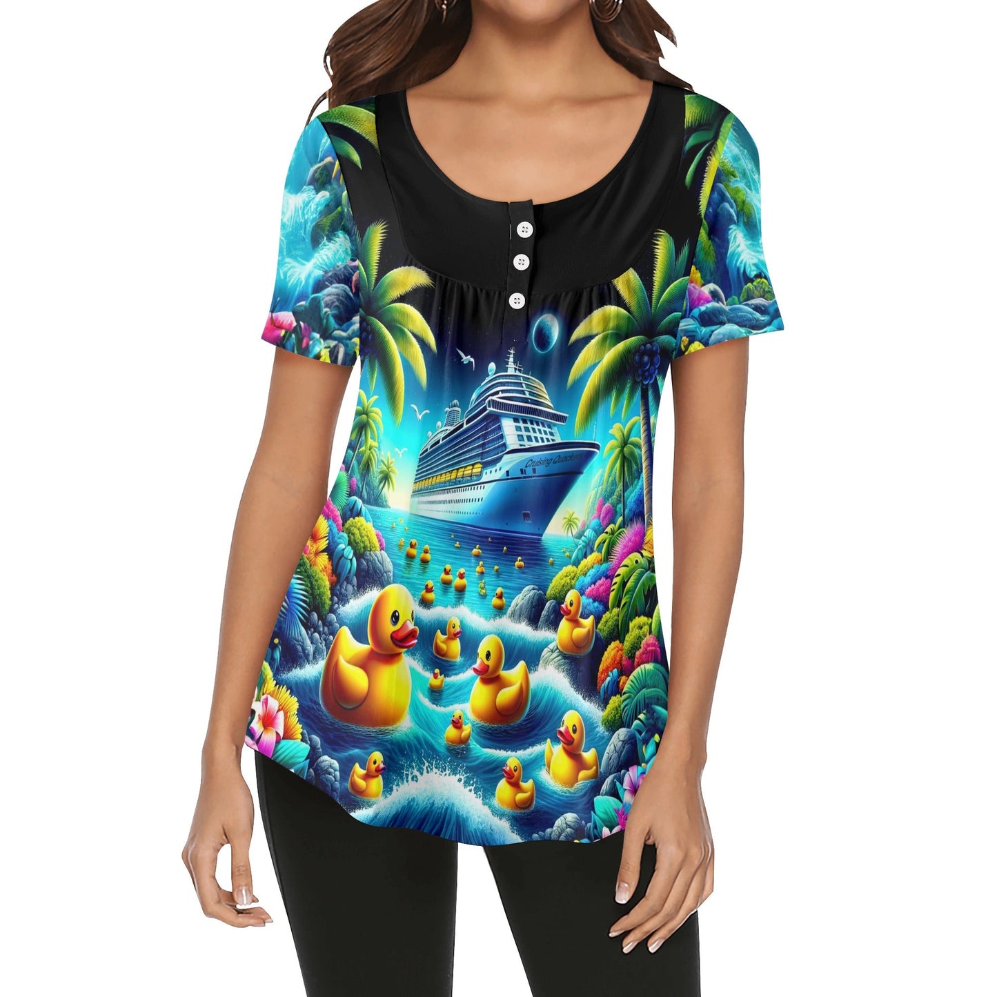 Midnight Marina Duck Hideaway Womens Scoop Neck Short Sleeved Blouse
