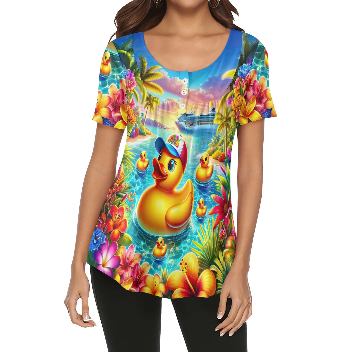 Sundown Splash Duck Scoop Neck Short Sleeved Blouse