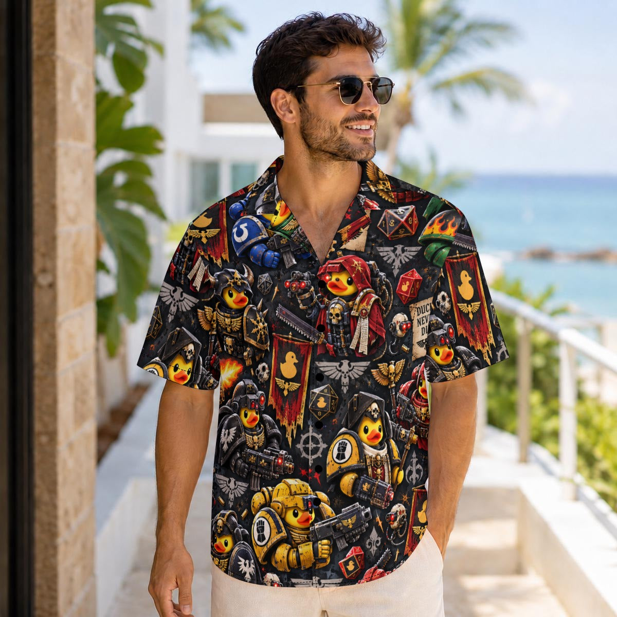 Quackhammer men's Hawaiian shirt with pocket featuring a sci fi tabletop battle rubber duck print