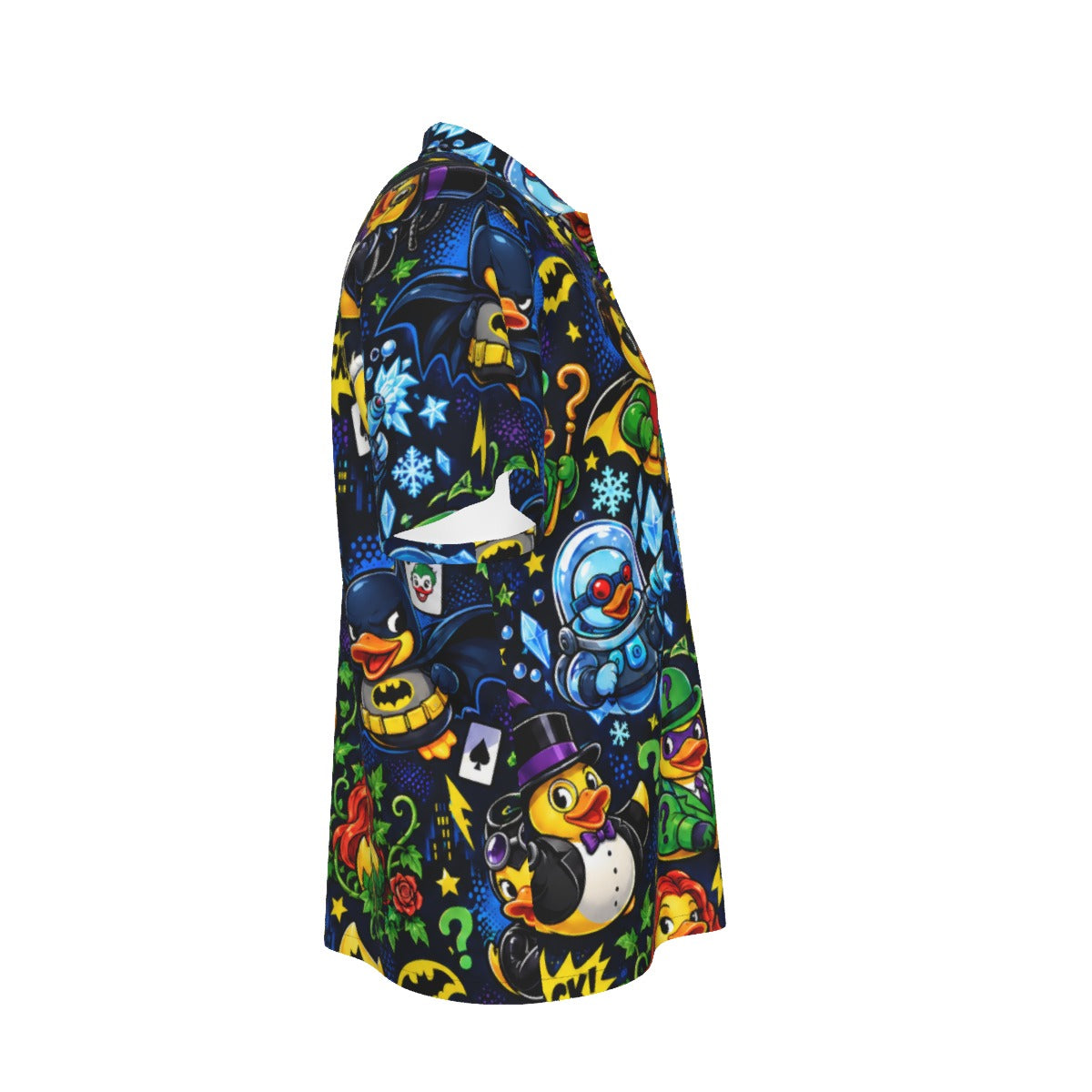 Quackman and Robin men's Hawaiian shirt with pocket featuring a comic hero and villain rubber duck print