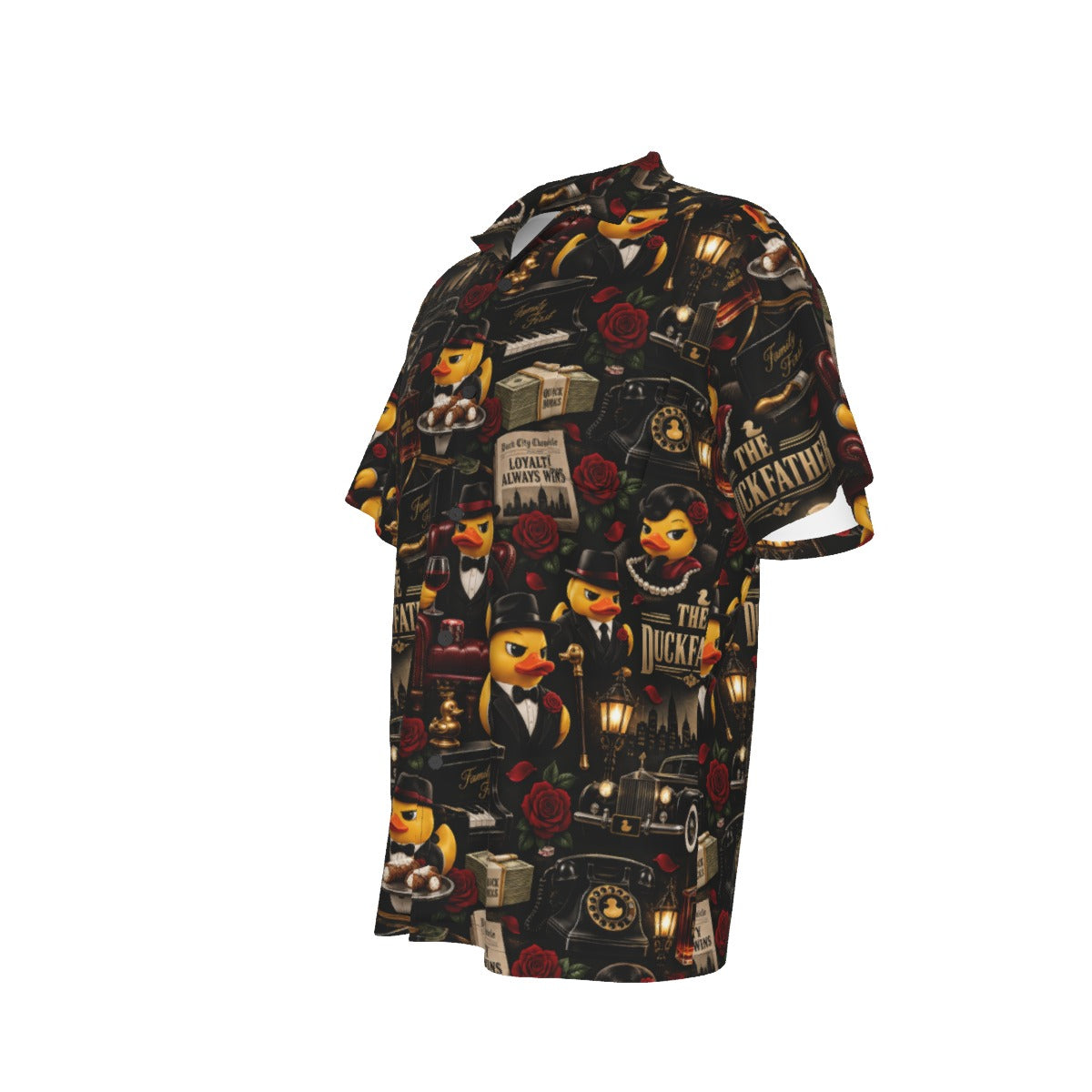 The Duckfather men's Hawaiian shirt with pocket featuring a mob movie inspired rubber duck print