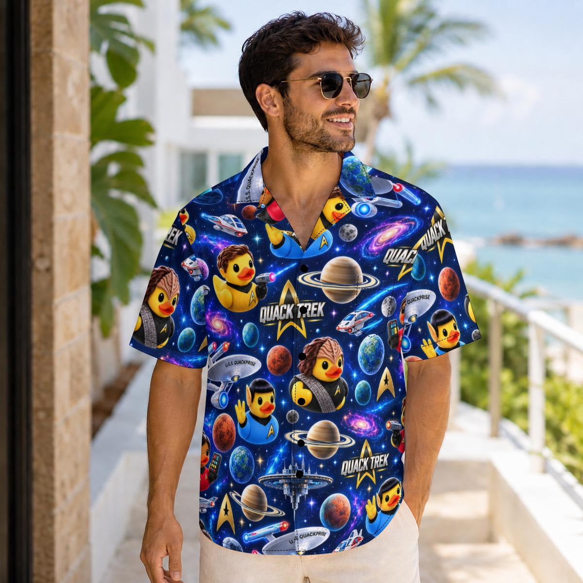 Quack Trek men's Hawaiian shirt with pocket featuring a sci fi space explorer rubber duck print