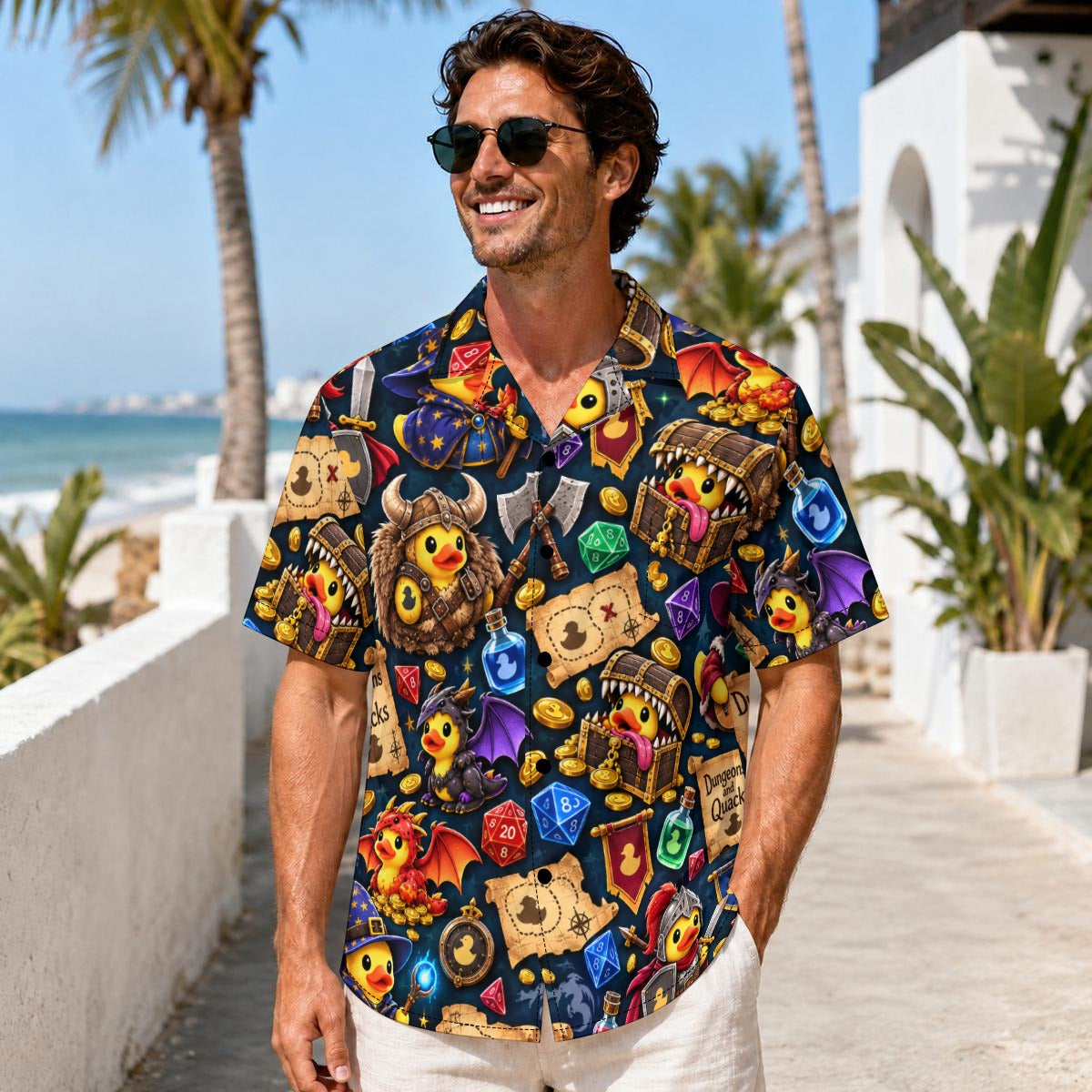 Dungeons and Quacks men's Hawaiian shirt with pocket featuring a fantasy RPG rubber duck print