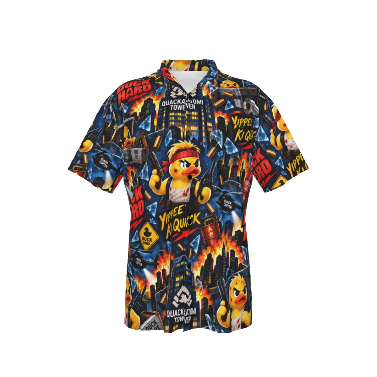 Duck Hard men's Hawaiian shirt with pocket featuring a action movie rubber duck print