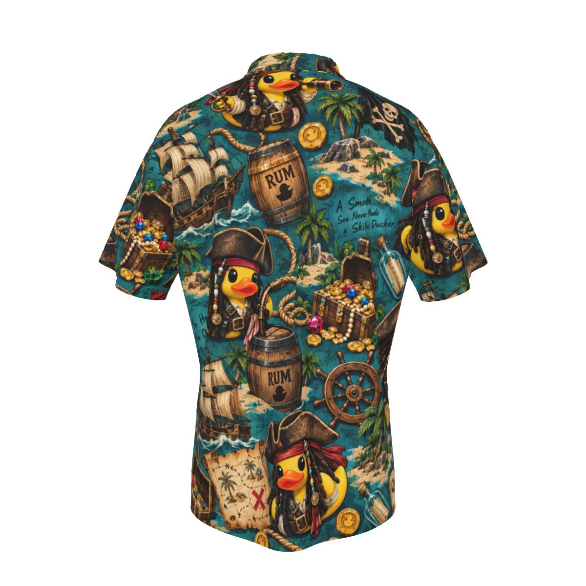Quack Sparrow men's Hawaiian shirt with pocket featuring a pirate rubber duck print