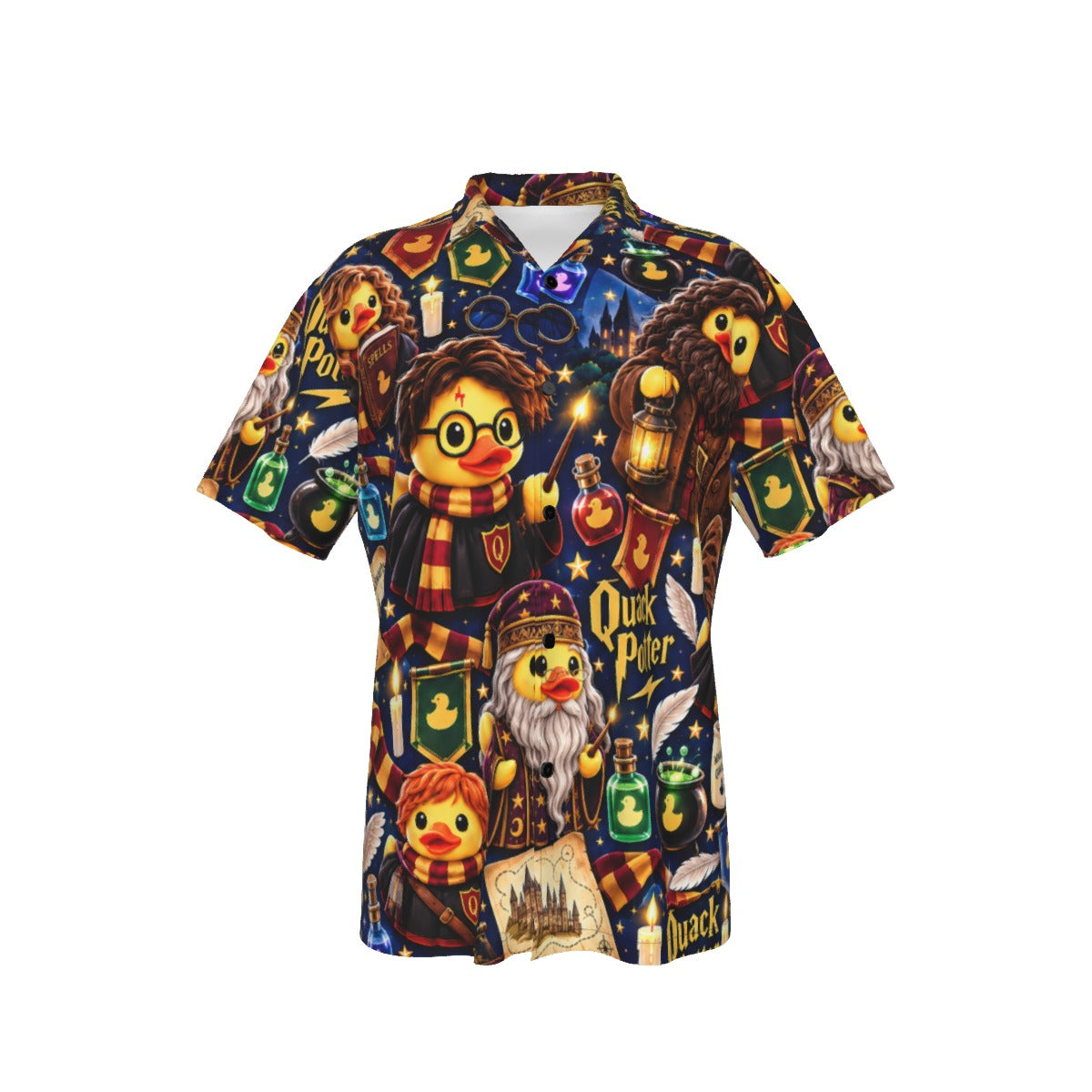 Quacky Potter men's Hawaiian shirt with pocket featuring a magical fantasy rubber duck print