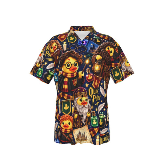 Quacky Potter men's Hawaiian shirt with pocket featuring a magical fantasy rubber duck print