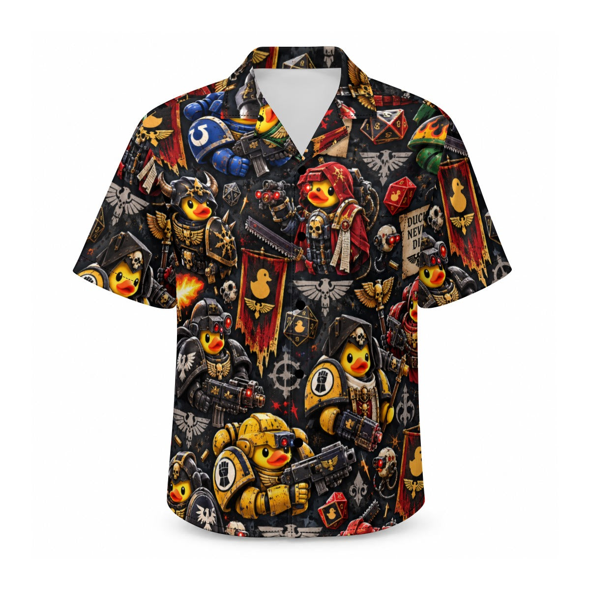 Quackhammer men's Hawaiian shirt with pocket featuring a sci fi tabletop battle rubber duck print