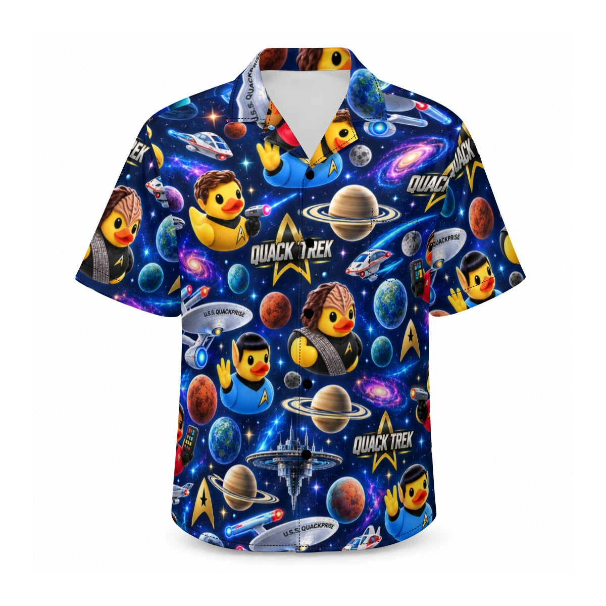 Quack Trek men's Hawaiian shirt with pocket featuring a sci fi space explorer rubber duck print