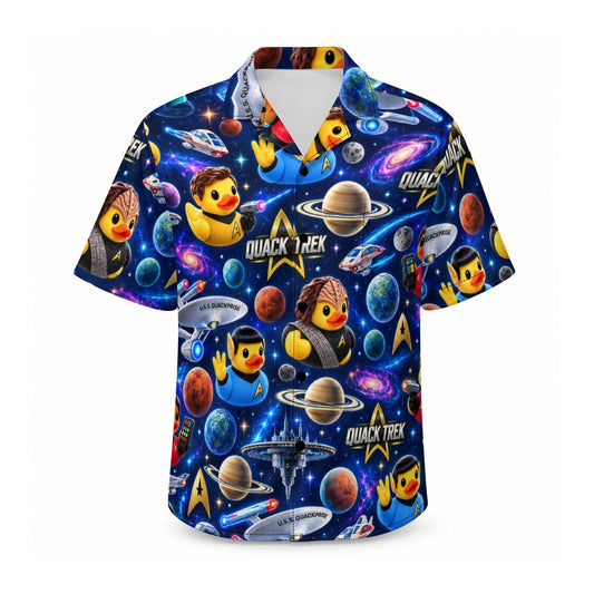 Quack Trek men's Hawaiian shirt with pocket featuring a sci fi space explorer rubber duck print