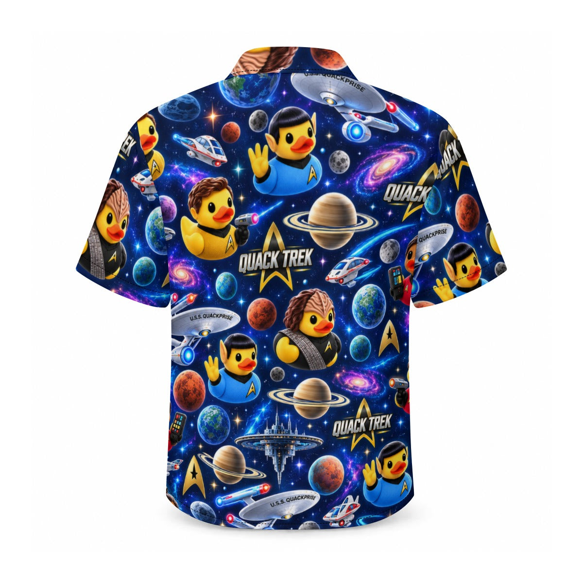 Quack Trek men's Hawaiian shirt with pocket featuring a sci fi space explorer rubber duck print