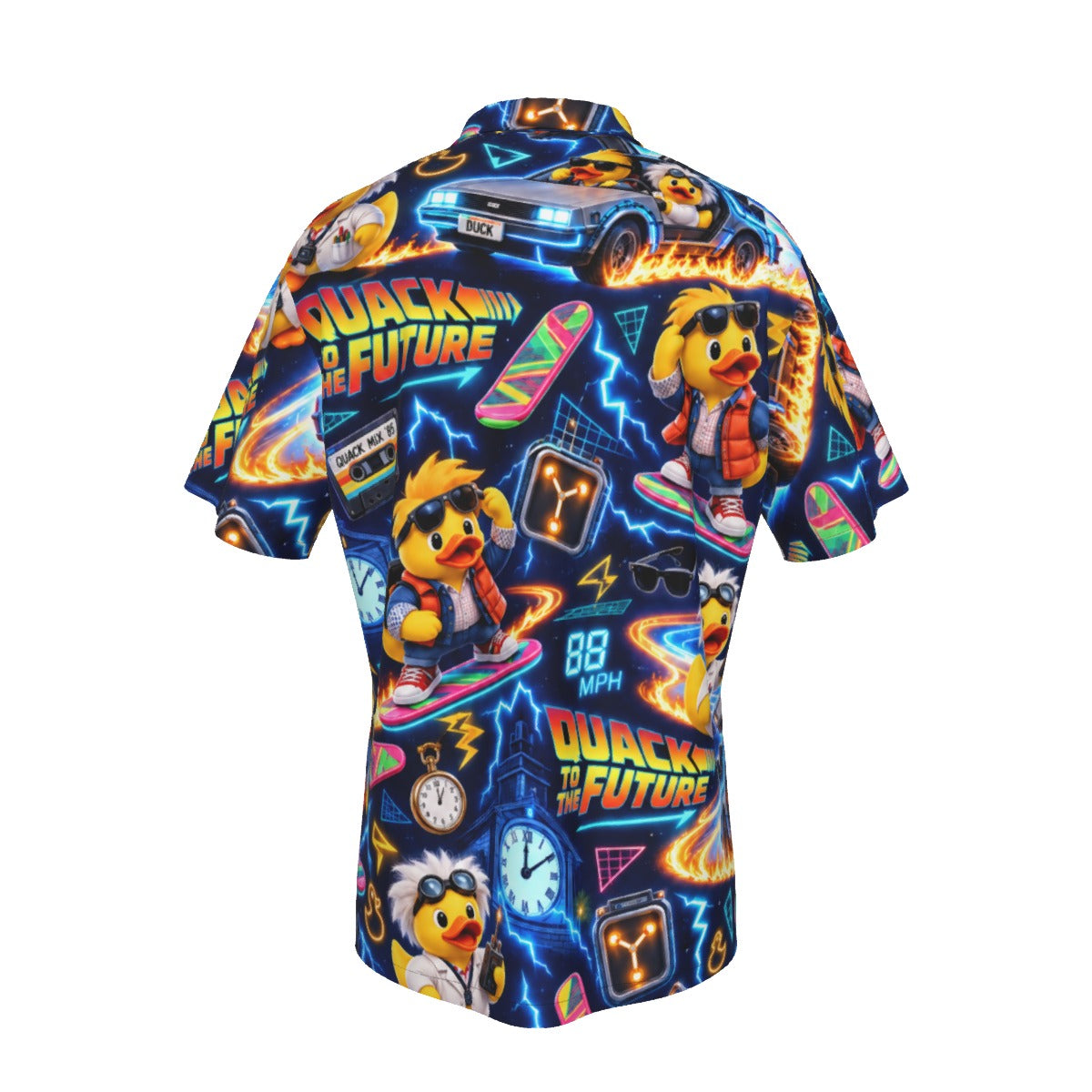 Quack to the Future men's Hawaiian shirt with pocket featuring a nostalgic time travel rubber duck print