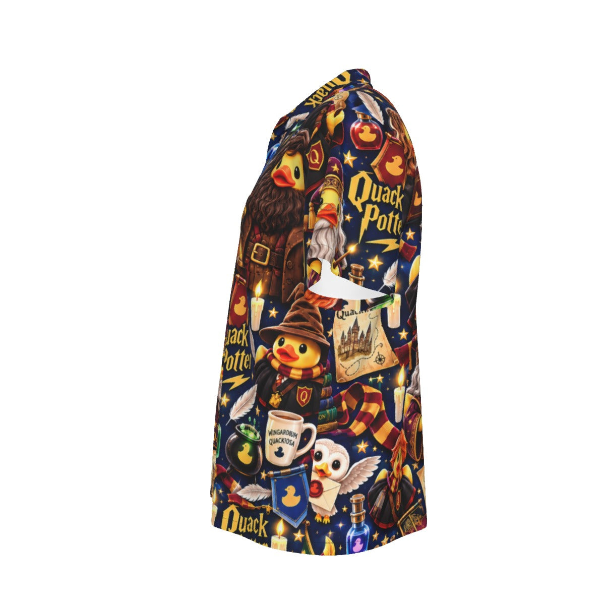 Quacky Potter men's Hawaiian shirt with pocket featuring a magical fantasy rubber duck print