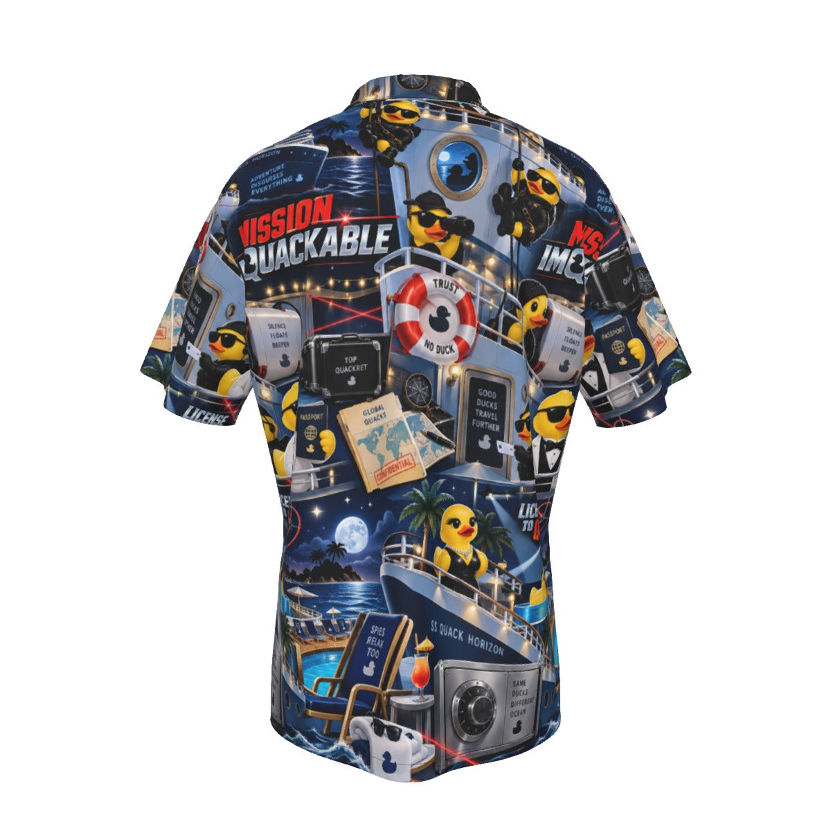 Mission Imquackable men's Hawaiian shirt with pocket featuring a spy action rubber duck print