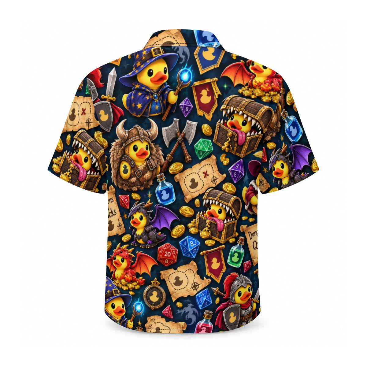 Dungeons and Quacks men's Hawaiian shirt with pocket featuring a fantasy RPG rubber duck print
