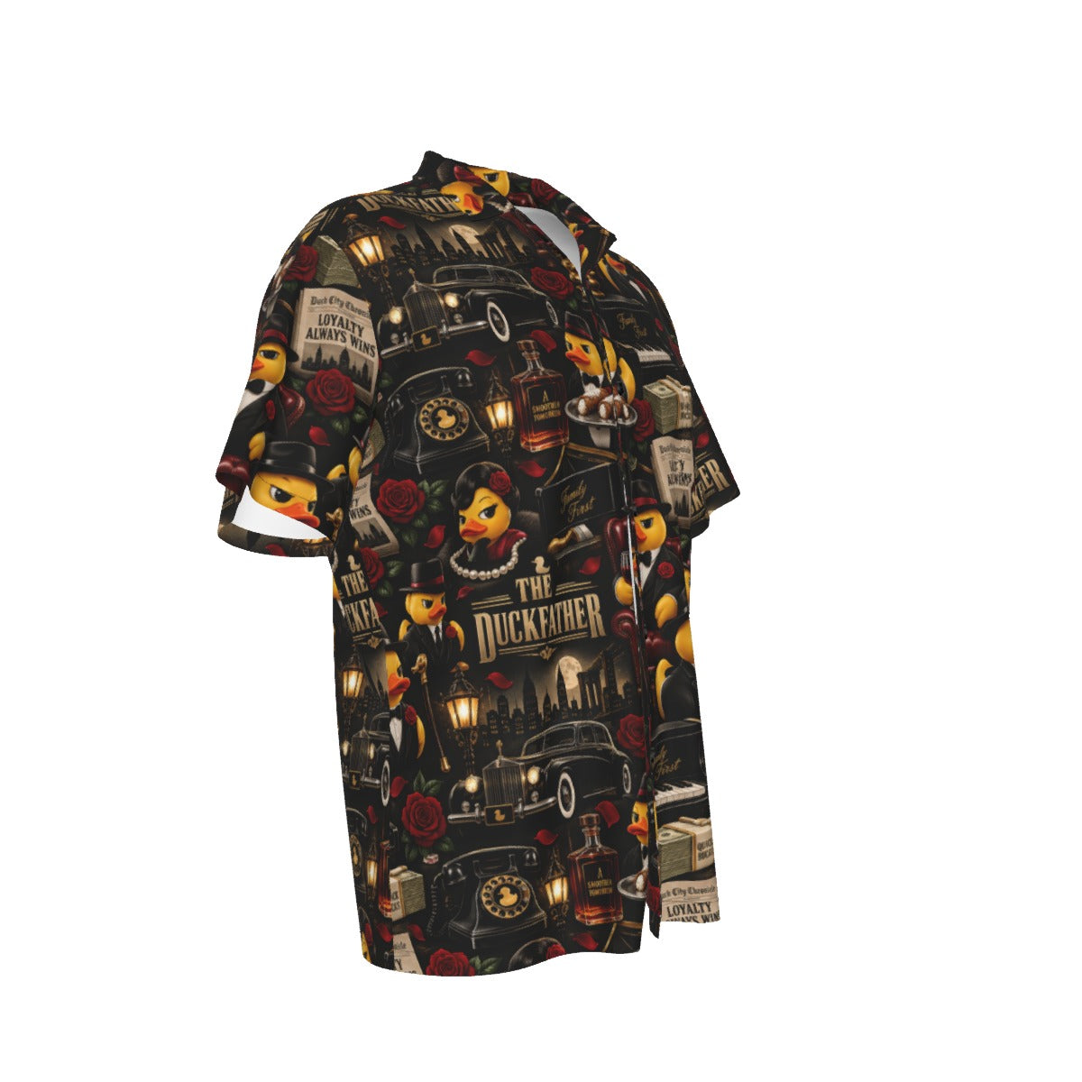 The Duckfather men's Hawaiian shirt with pocket featuring a mob movie inspired rubber duck print