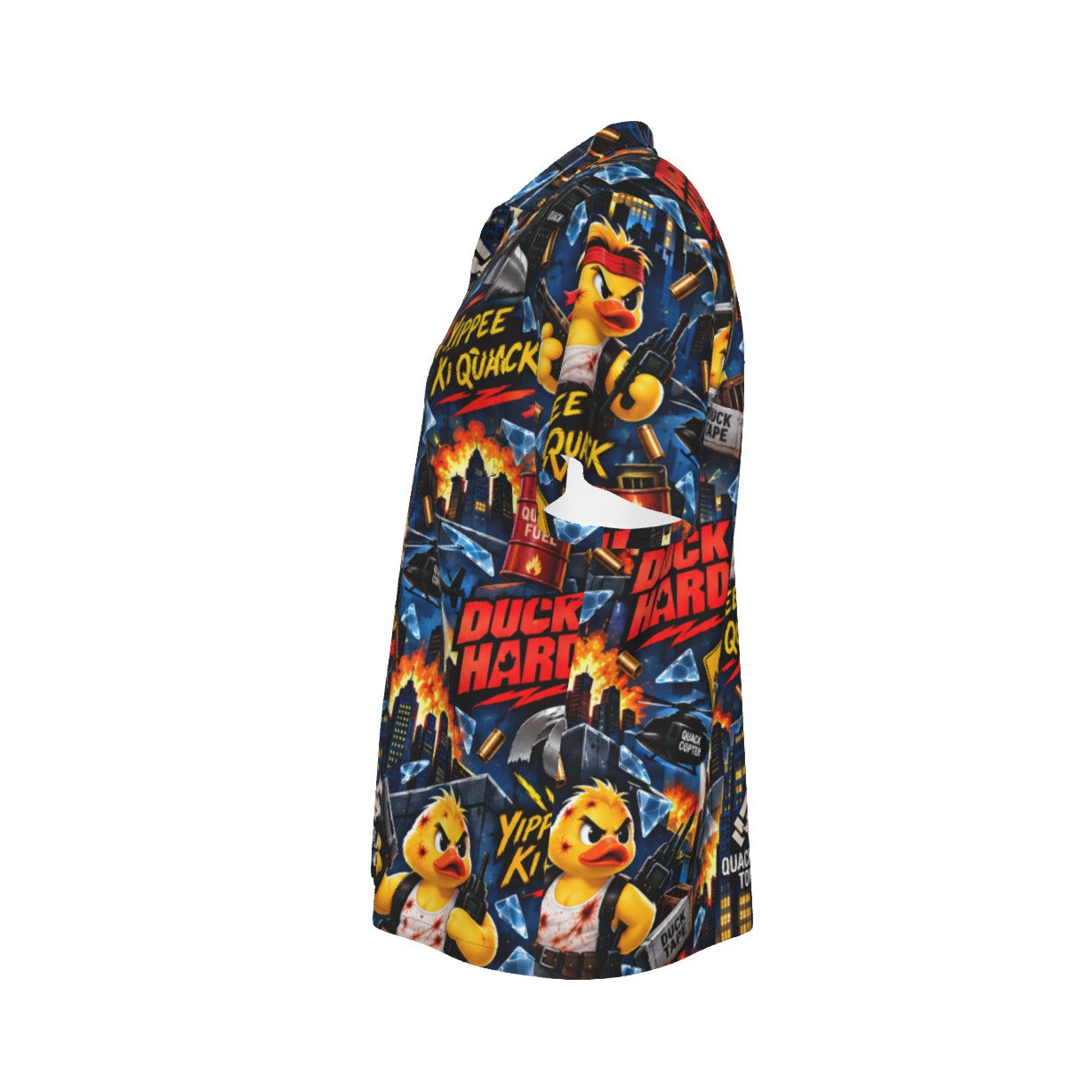 Duck Hard men's Hawaiian shirt with pocket featuring a action movie rubber duck print