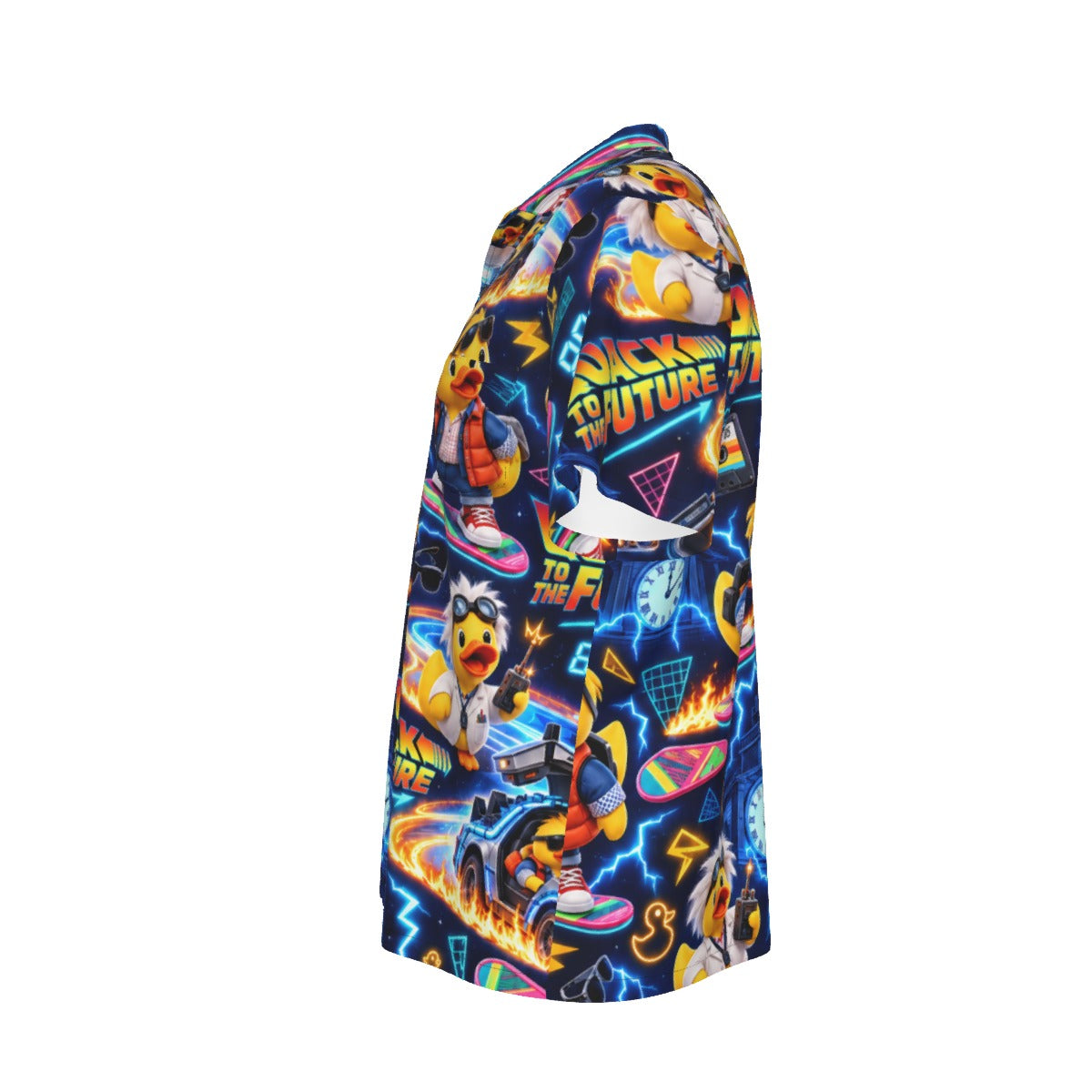 Quack to the Future men's Hawaiian shirt with pocket featuring a nostalgic time travel rubber duck print