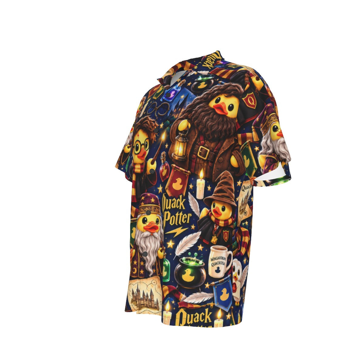 Quacky Potter men's Hawaiian shirt with pocket featuring a magical fantasy rubber duck print