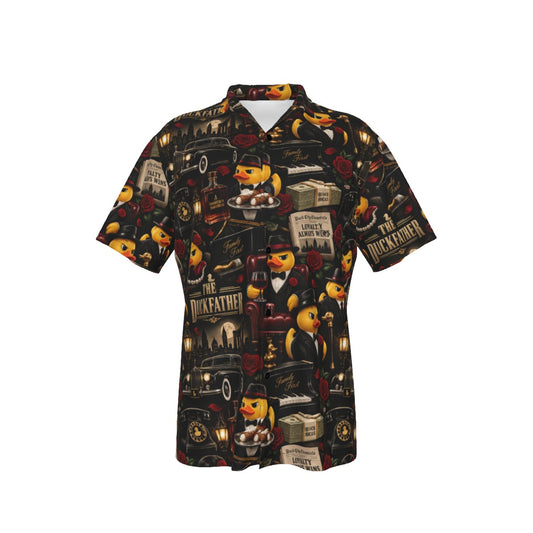 The Duckfather men's Hawaiian shirt with pocket featuring a mob movie inspired rubber duck print