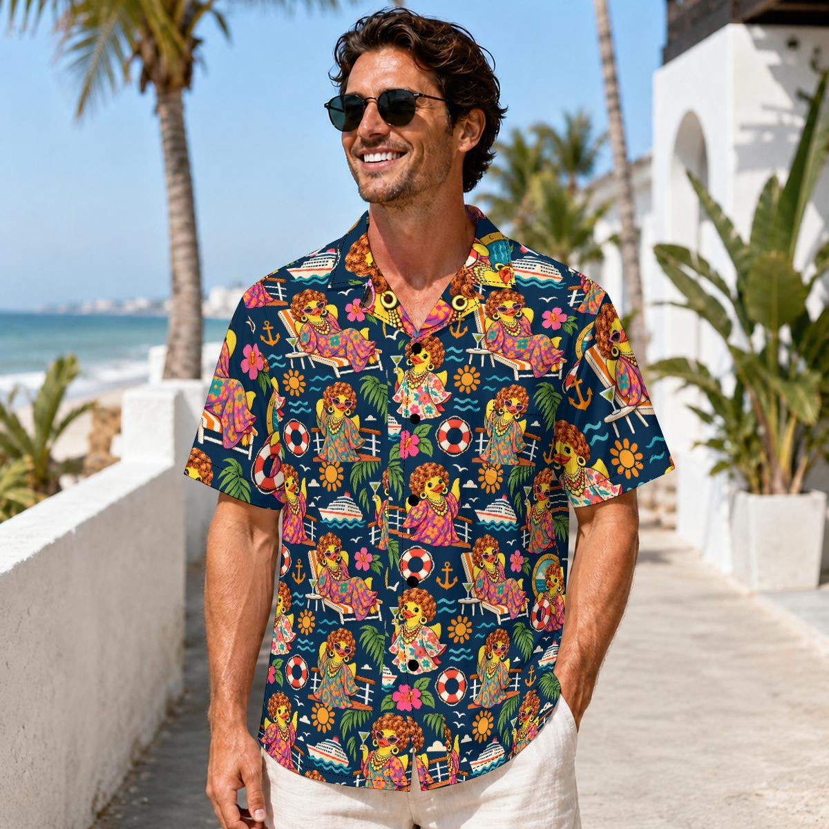 Mrs. Roper Sets Sail men's Hawaiian shirt with pocket featuring a bold retro cruise rubber duck print