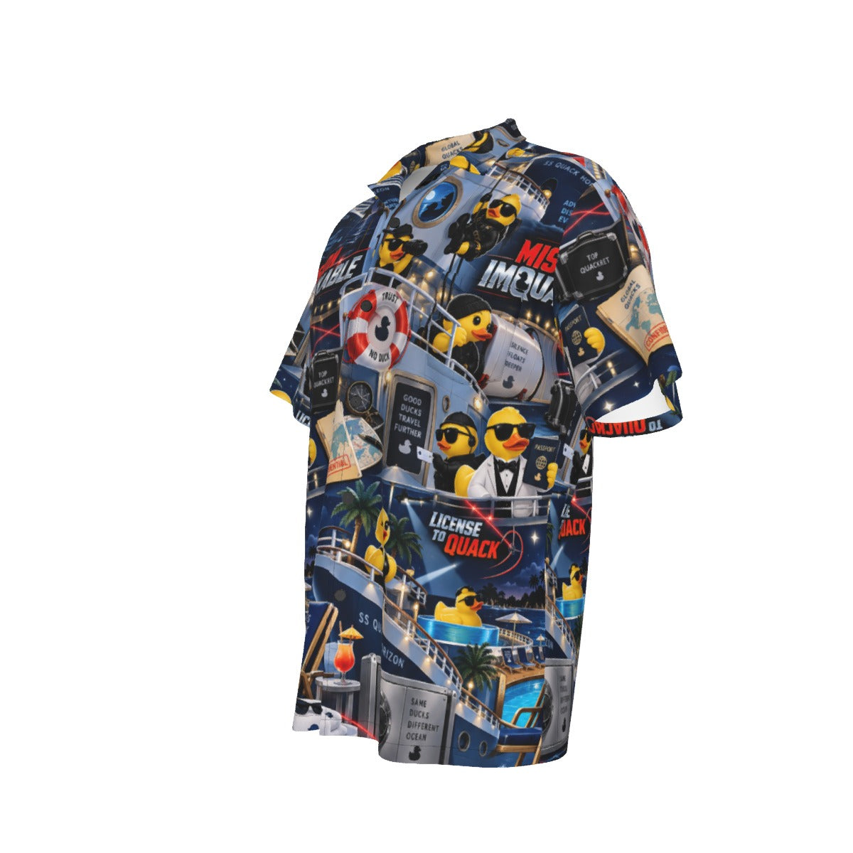 Mission Imquackable men's Hawaiian shirt with pocket featuring a spy action rubber duck print