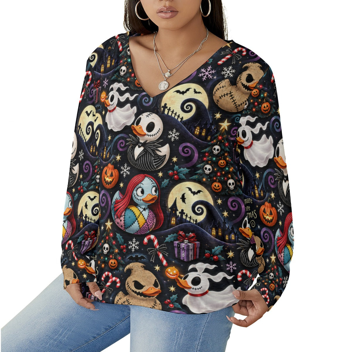 Quackmare Before Christmas Women’s V-Neck Long-Sleeved T-Shirt