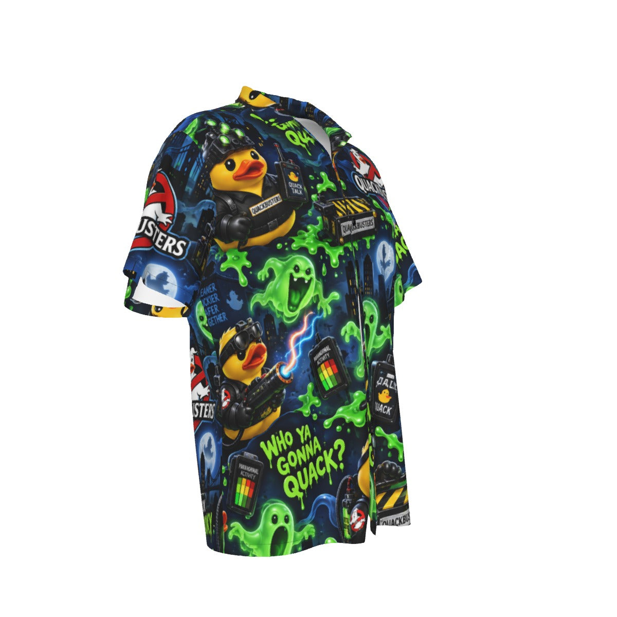 Quackbusters men's Hawaiian shirt with pocket featuring a spooky paranormal rubber duck print