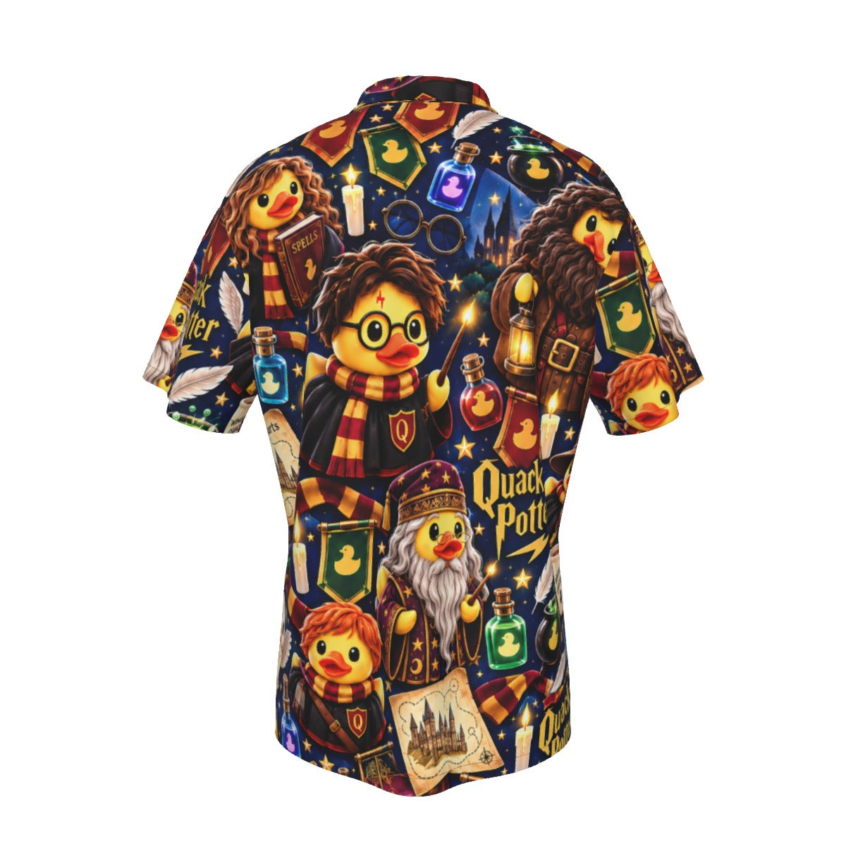 Quacky Potter men's Hawaiian shirt with pocket featuring a magical fantasy rubber duck print