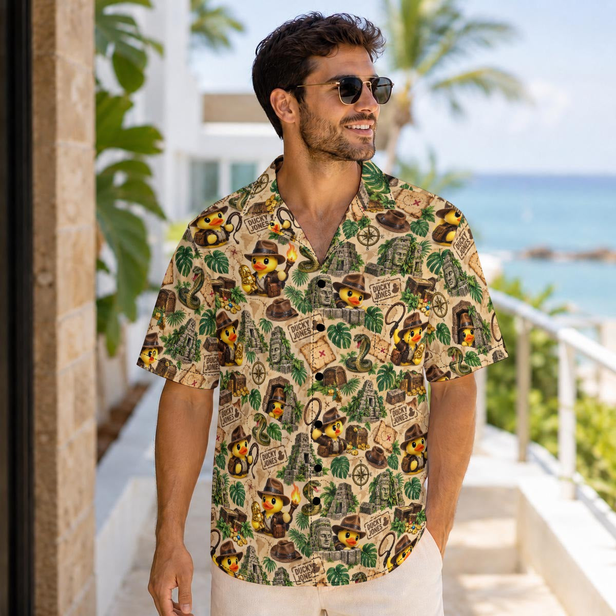 Ducky Jones men's Hawaiian shirt with pocket featuring a adventure explorer rubber duck print