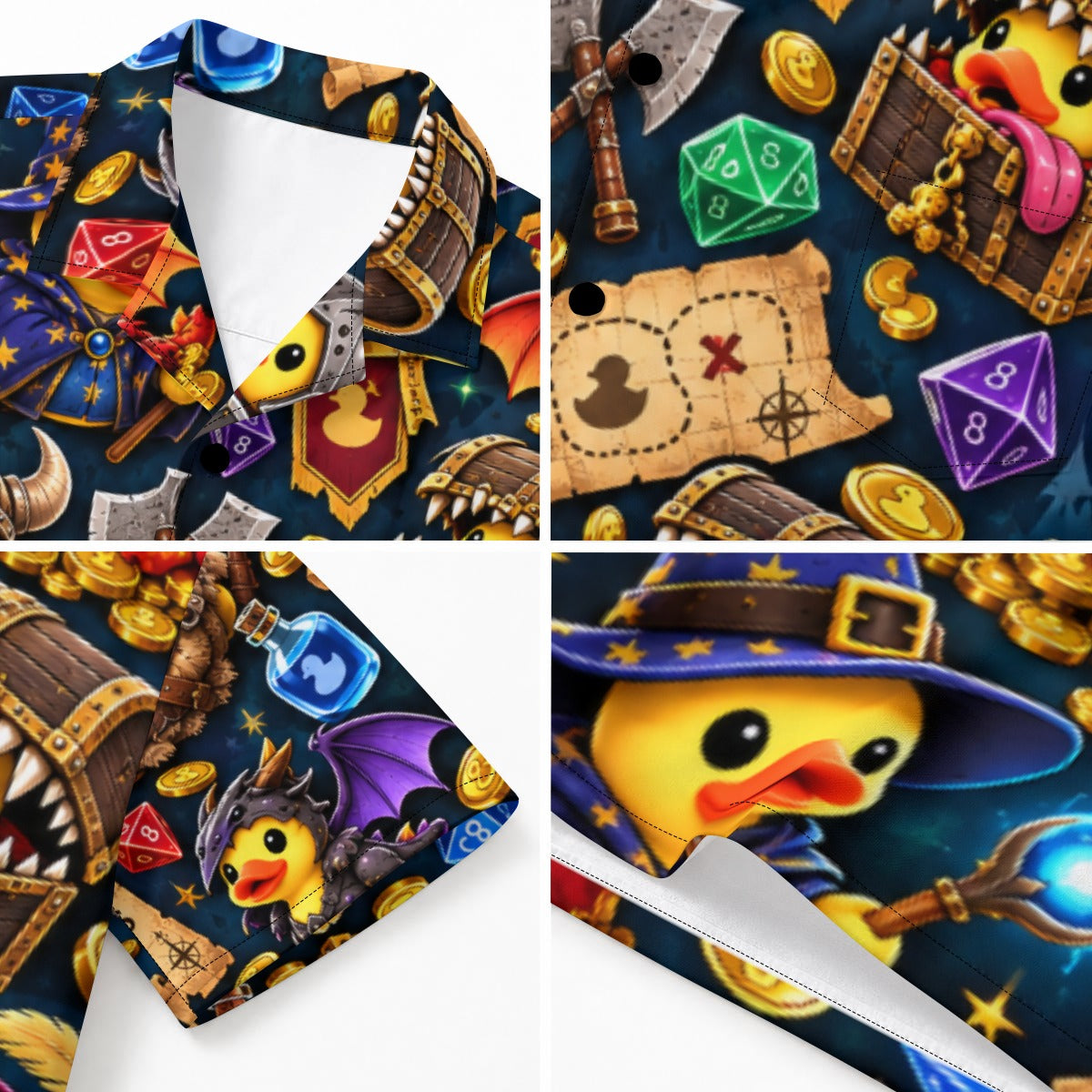 Dungeons and Quacks men's Hawaiian shirt with pocket featuring a fantasy RPG rubber duck print