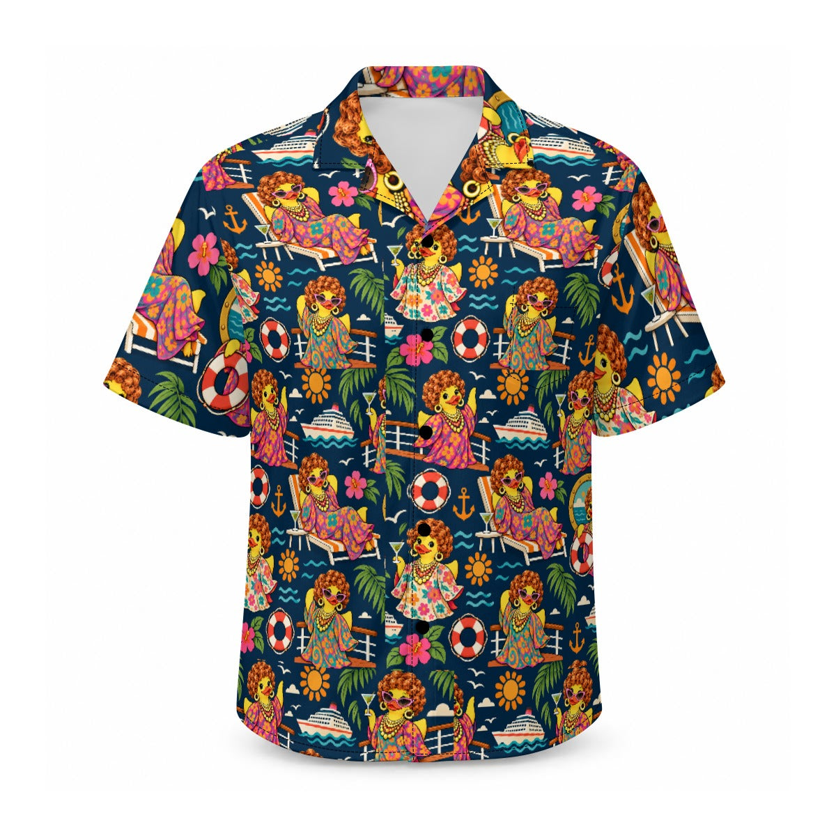 Mrs. Roper Sets Sail men's Hawaiian shirt with pocket featuring a bold retro cruise rubber duck print