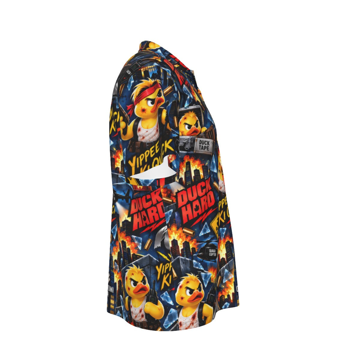 Duck Hard men's Hawaiian shirt with pocket featuring a action movie rubber duck print