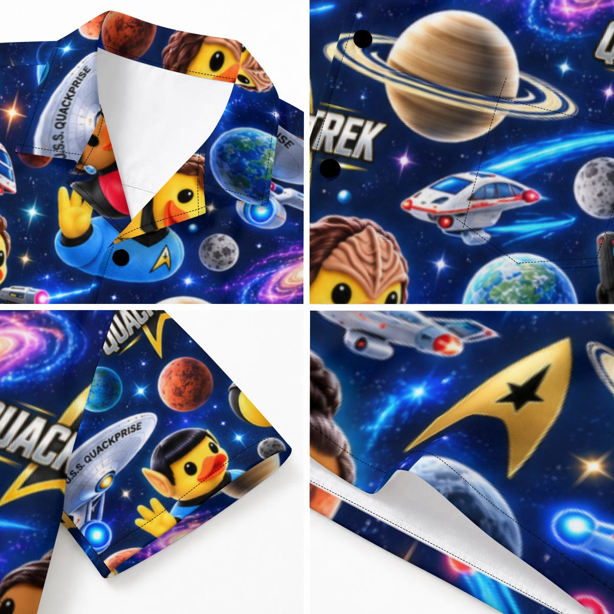 Quack Trek men's Hawaiian shirt with pocket featuring a sci fi space explorer rubber duck print