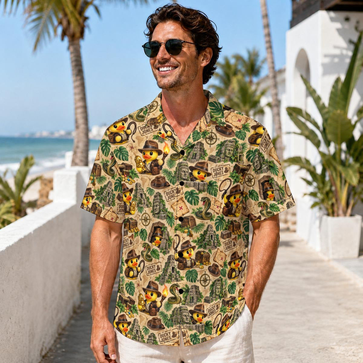 Ducky Jones men's Hawaiian shirt with pocket featuring a adventure explorer rubber duck print