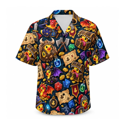Dungeons and Quacks men's Hawaiian shirt with pocket featuring a fantasy RPG rubber duck print