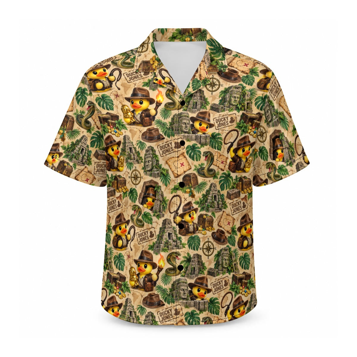 Ducky Jones men's Hawaiian shirt with pocket featuring a adventure explorer rubber duck print