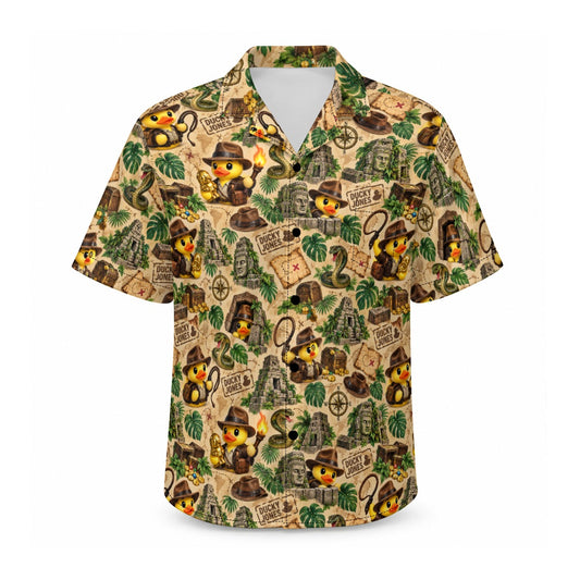 Ducky Jones men's Hawaiian shirt with pocket featuring a adventure explorer rubber duck print