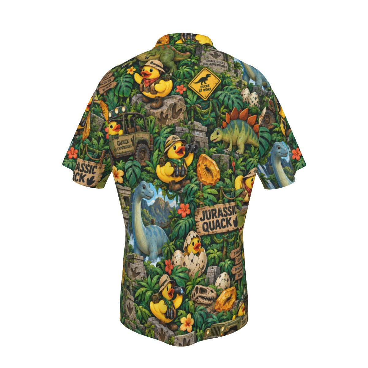 Jurassic Quack men's Hawaiian shirt with pocket featuring a dinosaur rubber duck print
