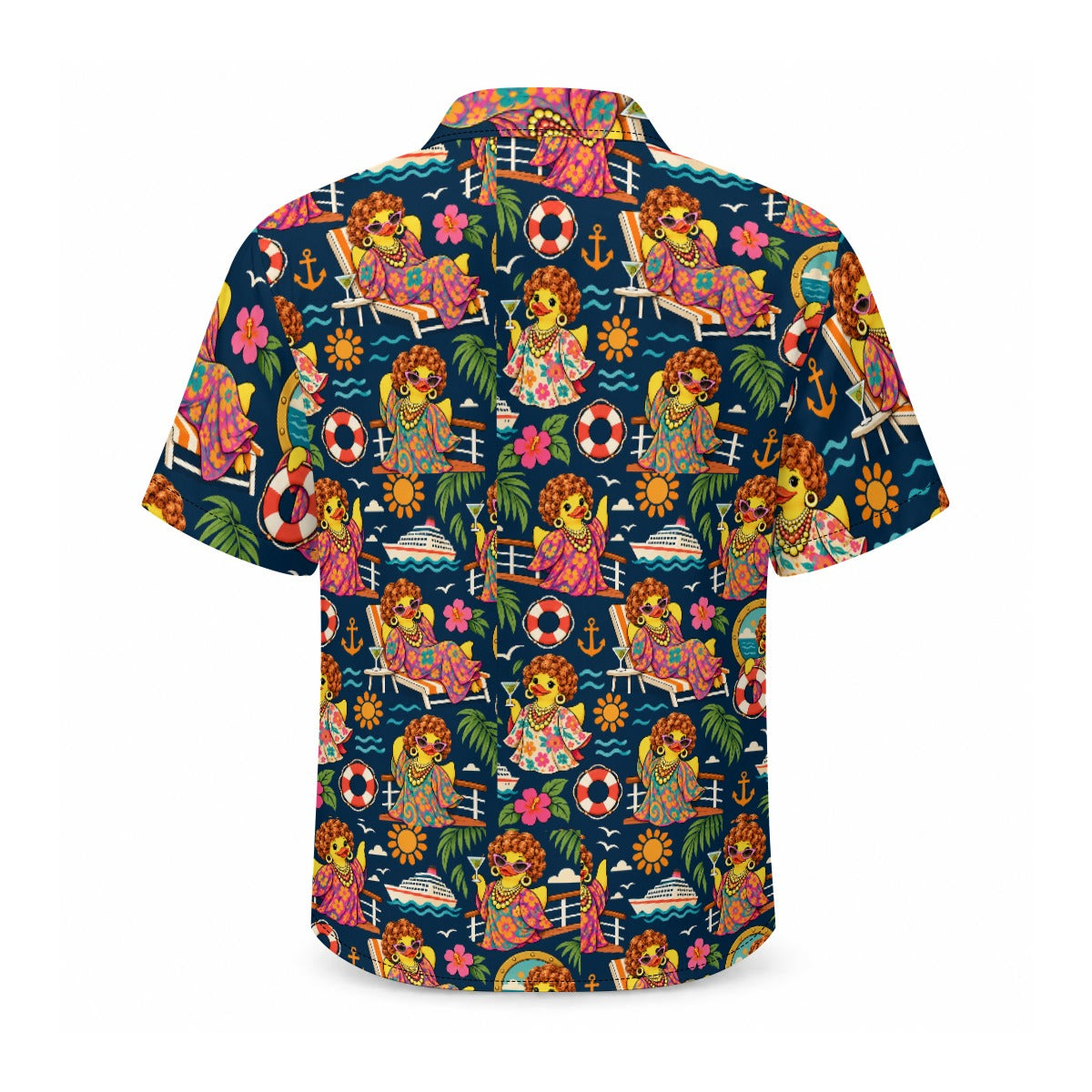 Mrs. Roper Sets Sail men's Hawaiian shirt with pocket featuring a bold retro cruise rubber duck print