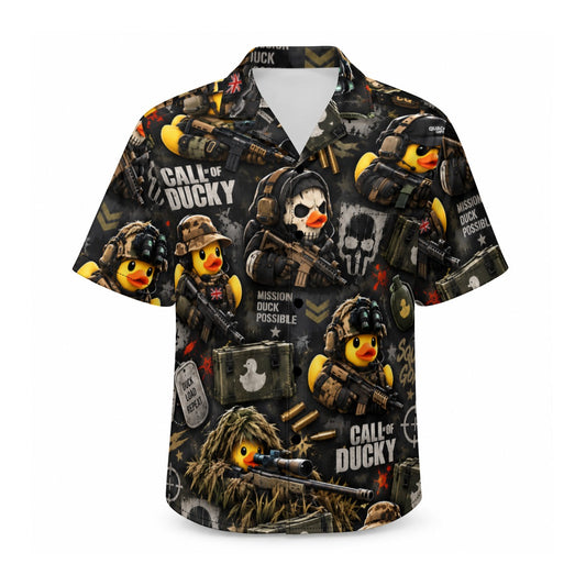 Call of Ducky men's Hawaiian shirt with pocket featuring a tactical gamer rubber duck print