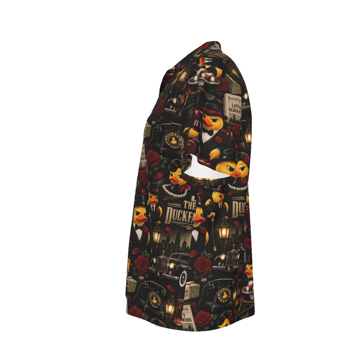 The Duckfather men's Hawaiian shirt with pocket featuring a mob movie inspired rubber duck print