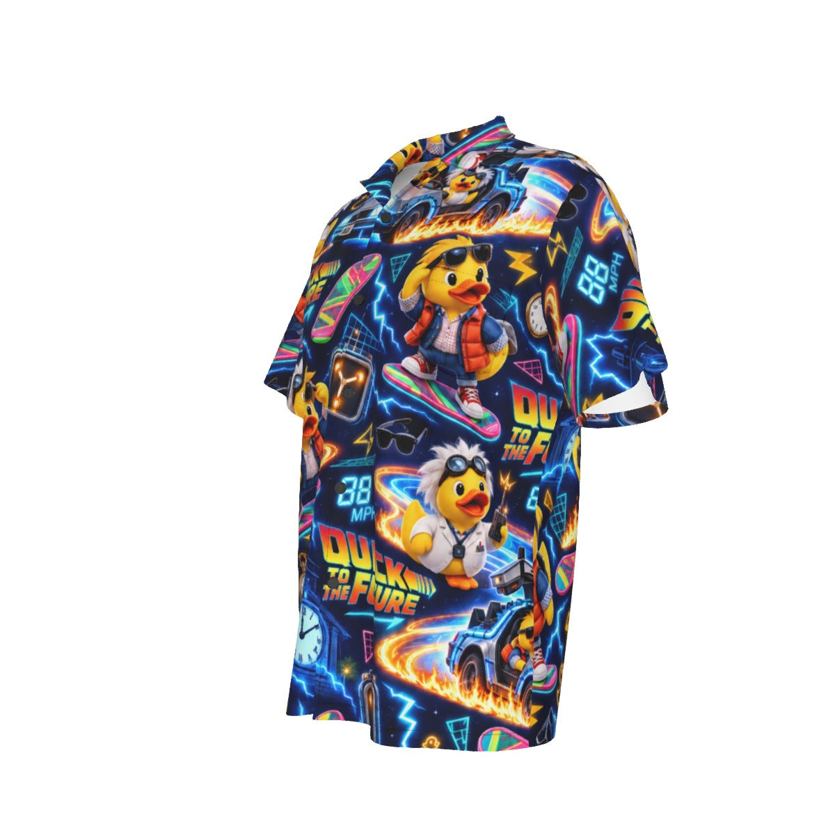 Quack to the Future men's Hawaiian shirt with pocket featuring a nostalgic time travel rubber duck print