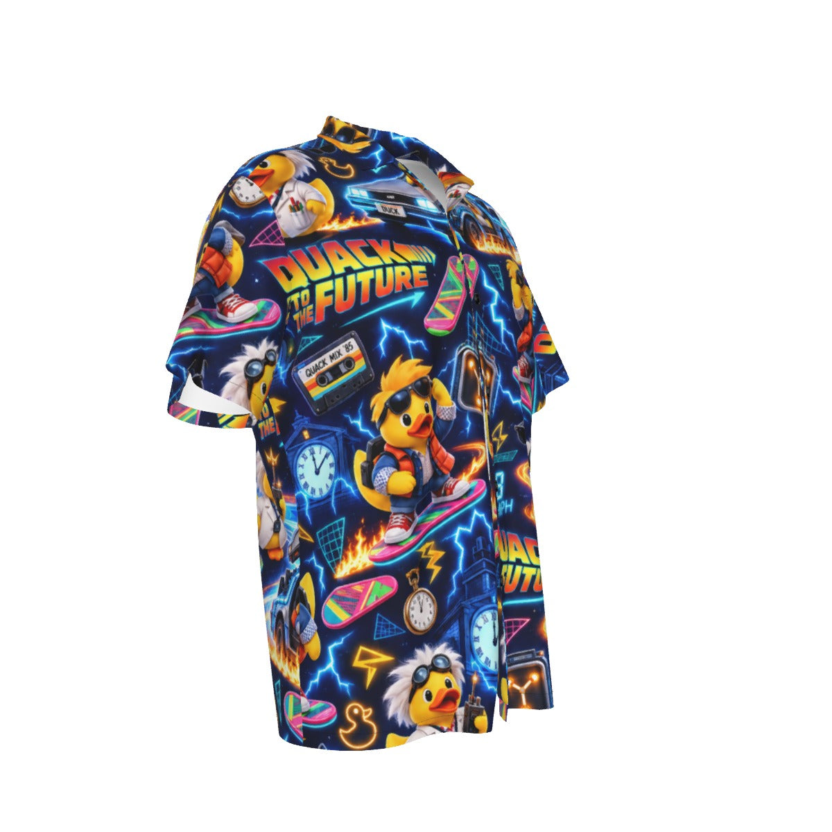 Quack to the Future men's Hawaiian shirt with pocket featuring a nostalgic time travel rubber duck print